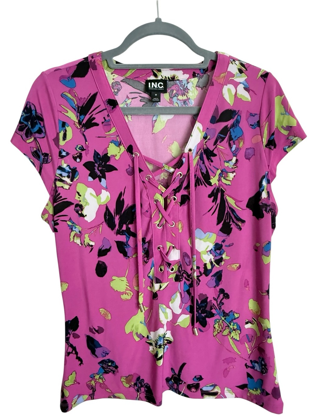 INC International Concepts Pink Floral Lace-Up Short Sleeve Top